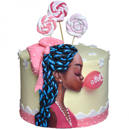 Красива торта с момиче надуващо балон от торти чочко. Много креативна торта подходяща за рожден ден на тинейджърка или за по големи момичета :)