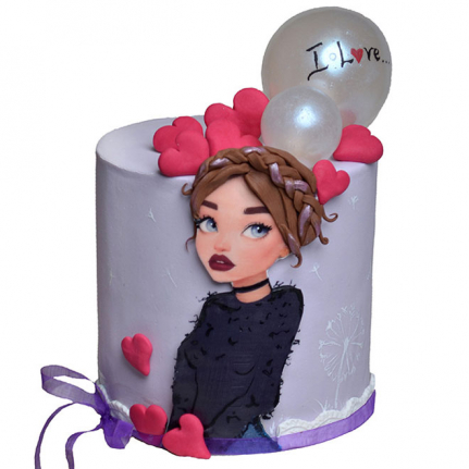 Красива лилава торта с момиче надуващо балон от Торти Чочко. Много креативна торта подходяща за рожден ден на тинейджърка или за по големи момичета 