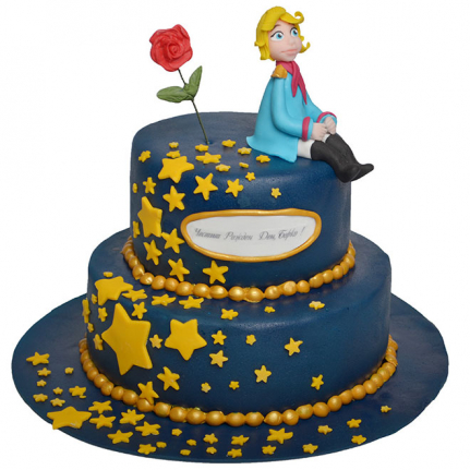 Уникална торта на Малкият принц от торти чочко. Обсипана в звезди и с красивата червена роза. А малкият принц е най-отгоре гледащ към звездите до своята роза.