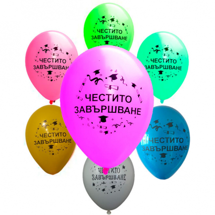 Балони пастел с печат Честито Завършване. Торти Чочко. Пакет балони микс от цветове 10 бр. Ø30 см.
Балоните се продават в ненадуто състояние.
Може да бъде надут с въздух или хелий. 