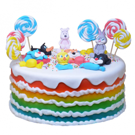 Детска торта с героите от шантави рисунки от Торти Чочко. Забавна детска многоцветна торта с Бъкс Бъни, Туити, Дафи Дък, Силжестър, Тигър, Мечо пух 