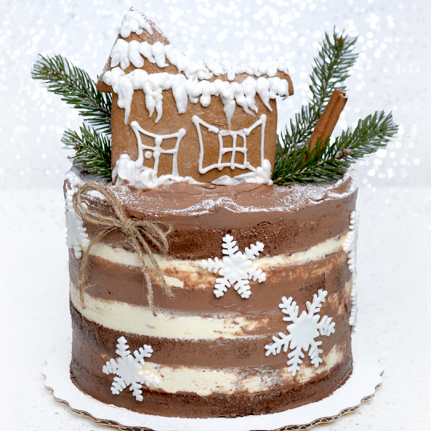 Коледна торта без фондан, декорирана с прясно изпечени коледни меденки.
Изберете ваша индивидуална комбинация от блат, крем и добавки в тортата.
Сътворете вкуса на тортата по ваше желание. 