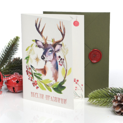 Ръчно изработена Коледна Картичка с еленче Весели празници от Торти Чочко. 