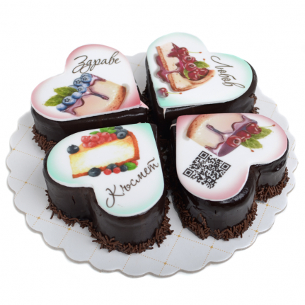 Шоколадова торта сърца с различни пожелания, сканирай QR кода за музикален поздрав. Торти Чочко.