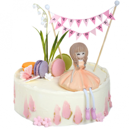 Торта Горджъс без фондан от Торти Чочко. Много нежна торта е розови цветове. Торта с момиче с кученце и френски макарон. За рожден ден на момиче малко или голямо.