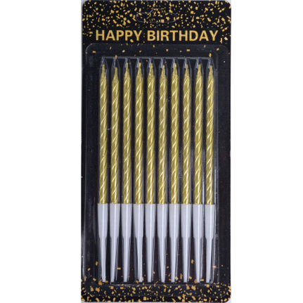 Комплект от 10 броя свещи за торта в златист цвят и спираловидна форма с поставки. Торти Чочко. Свещички за рожден ден.